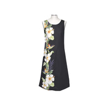 Load image into Gallery viewer, Black sleeveless dress with floral patterns on a white background