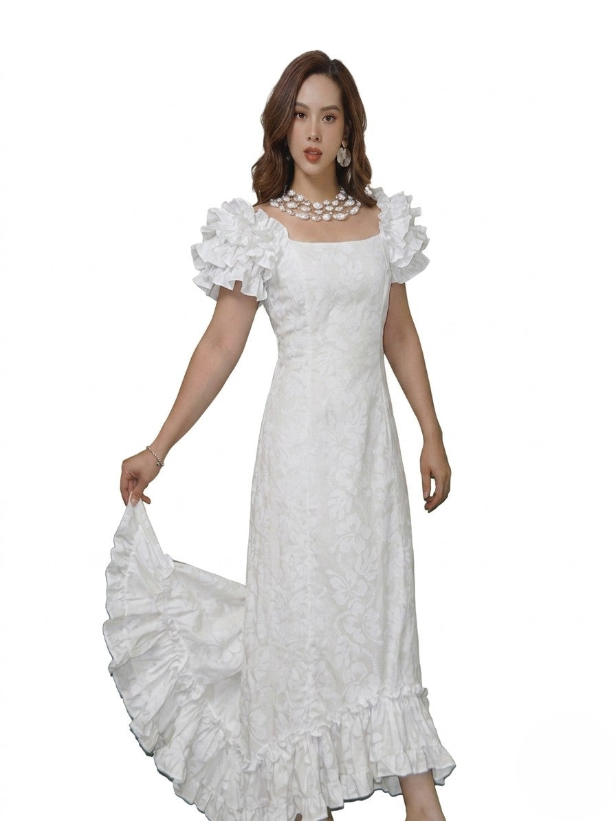 white lace dance dress Hibiscus Leis Muumuu Long Ruffle Brand:ADRIANNA PAPELL DIFFUSION Color:yellow brown and elastic ruffled straps Belle Poque Polka Dot