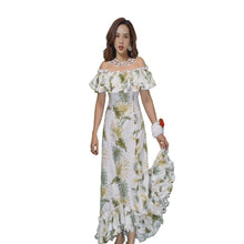 Load image into Gallery viewer, Woman wearing a handmade traditional muumuu dress in white with Hawaii leaf print, featuring off-shoulder ruffled neckline, fishtail hem, and maxi length – an authentic cotton Hawaiian muumuu dress perfect for luaus and tropical events.