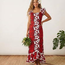 Load image into Gallery viewer, red hibiscus leis Hawaiian muumuu dance dress long ruffle made in Hawaii