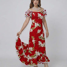 Load image into Gallery viewer, Red orchid Hawaiian muumuu dance dress long ruffle made in Hawaii