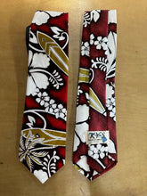 Load image into Gallery viewer, A necktie with a hibiscus flower pattern, featuring red, white, and gold colors, displayed on a flat surface.