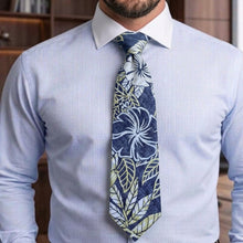 Load image into Gallery viewer, Navy Hibiscus Reverse Hawaiian necktie made in Hawaii, 100% cotton poplin reversible hibiscus floral tie for men