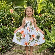 Load image into Gallery viewer, elastic smocked bodice on a tube-style hawaiian dress for little girls ages 2-8.