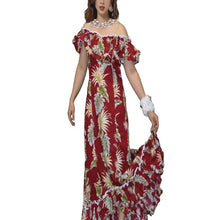 Load image into Gallery viewer, Woman wearing a red floral off-shoulder dress on a white background