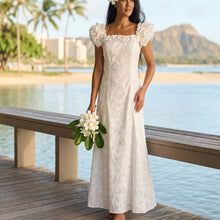 Load image into Gallery viewer, White Hawaiian muumuu graduation dress with hibiscus print made in Hawaii