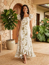 Load image into Gallery viewer, White vintage hibiscus Hawaiian muumuu dance dress long ruffle made in Hawaii