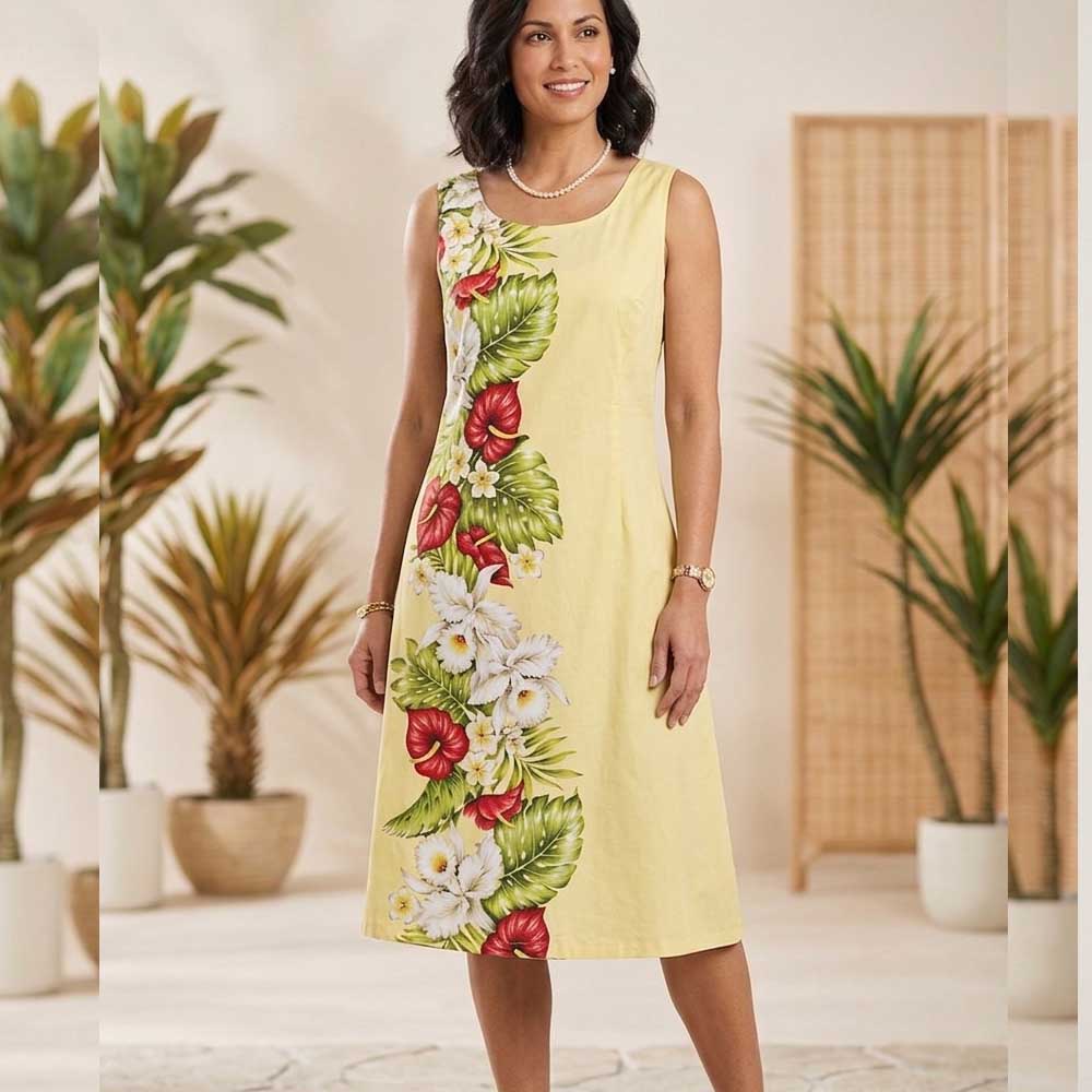 Yellow Tropical Flower Side Hawaiian Dress