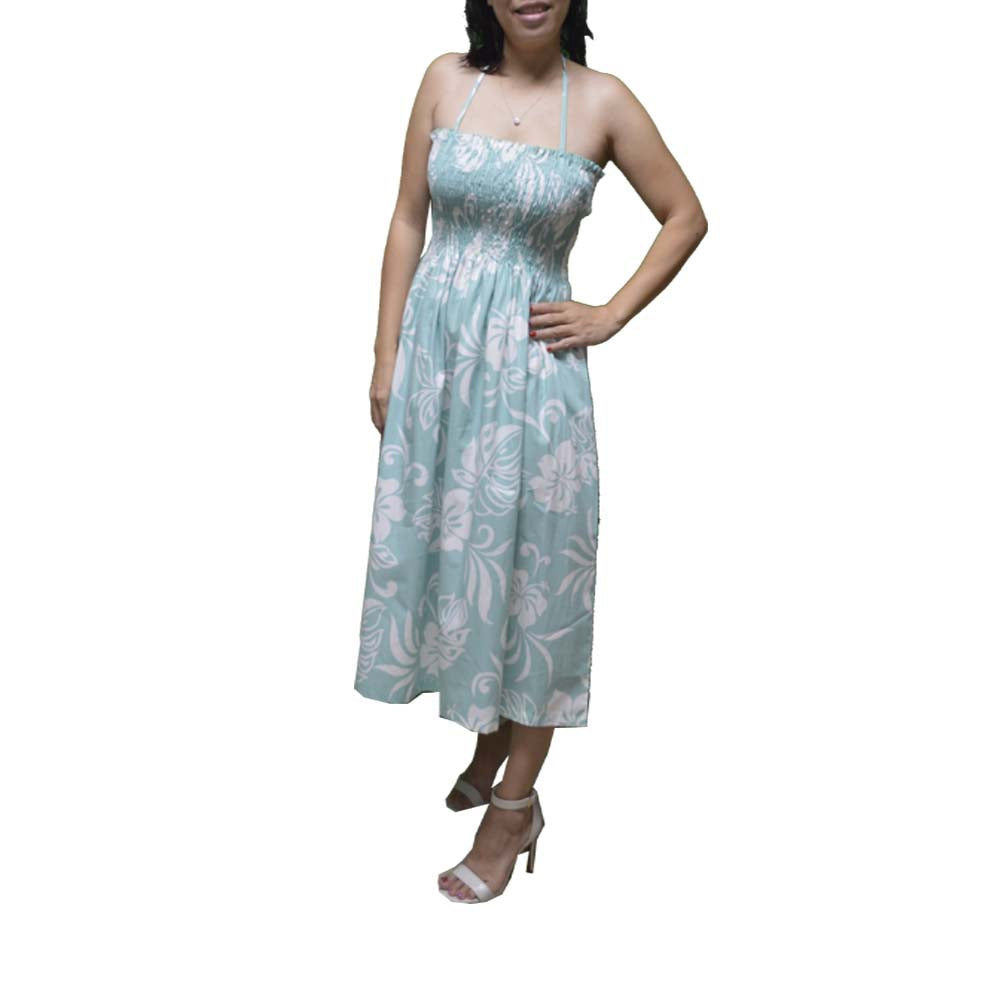 Classic Hibiscus Tube Top Hawaiian Dress| Smocked Dress Made in Hawaii One Size / Green