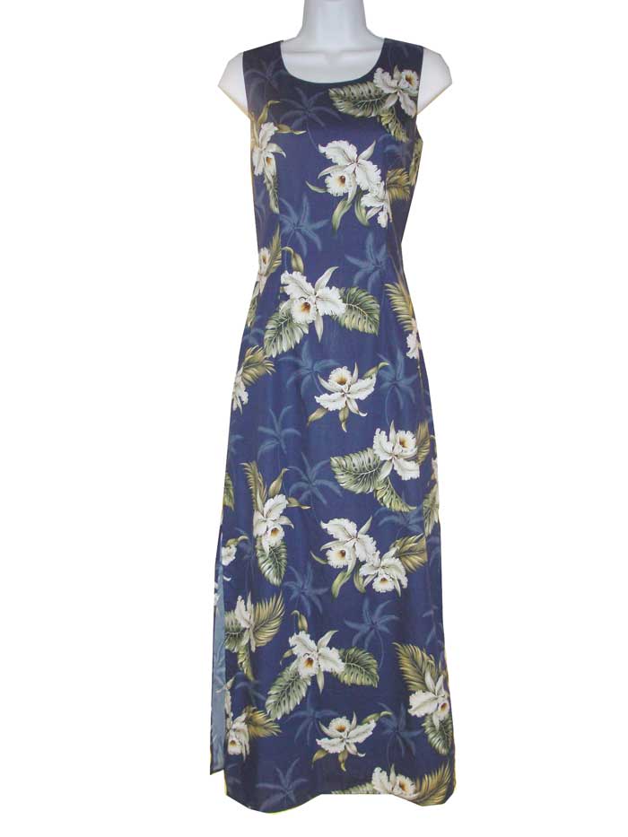 Hawaiian Long Tank Navy Dress  White Orchid Print, Cotton Hawaii Dress Handmade Navyblue / 3XL