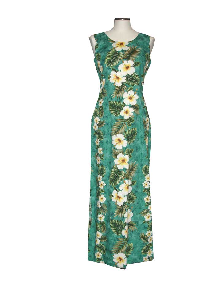 Yellow Hibiscus Green Hawaiian Dress – Women’s Cotton Luau Dress Made in Hawaii Green / XL