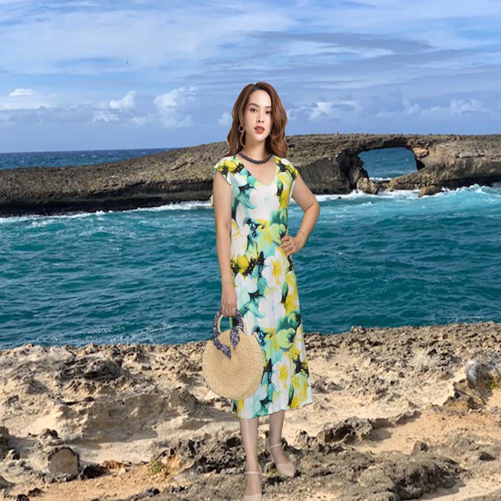 Watercolor Hibiscus Rayon Paradise Midi Dress