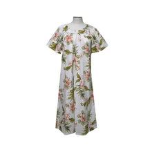Load image into Gallery viewer, Midi-length muumuu dress with coral hibiscus floral print
