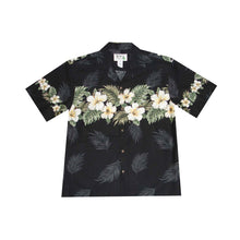 Load image into Gallery viewer, Black Hawaiian Shirt with Original White Hibiscus Print