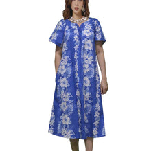 Load image into Gallery viewer, Blue Hawaiian muumuu dress for women with Hibiscus panel print – Honolulu made