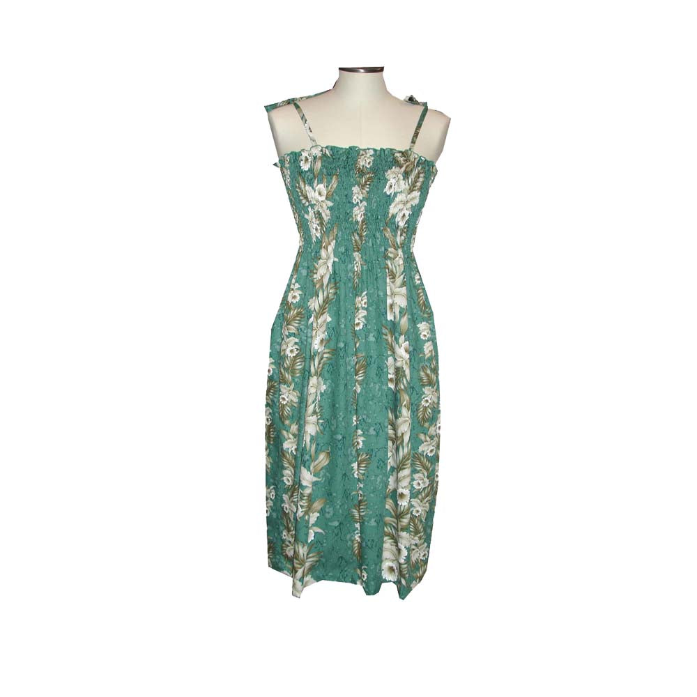 Blue Orchid Tube Top Hawaiian Dress| Smocked Dress Made In Hawaii One Size / Green