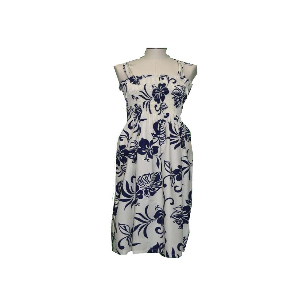 Classic Hibiscus Navyblue Cotton Summer Hawaiian Midi Dress