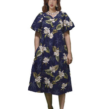 Load image into Gallery viewer, Navy Hawaiian muʻumuʻu dress with Classic Orchid floral print – made in Honolulu