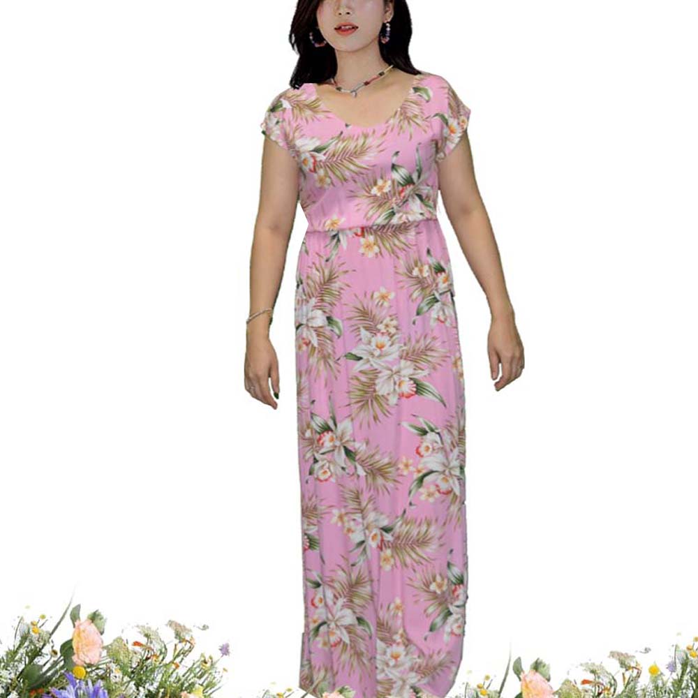 Classic Orchid Sleeves Maxi Hawaiian Dress| Maxi Hawaiian Dresses Black / 3XL