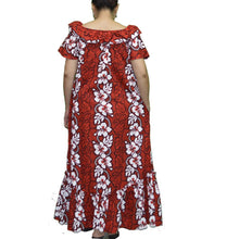 Load image into Gallery viewer, Hawaiian muumuu dress handmade in Hawaii-USA, red with white hibiscus panel, cotton maxi with ruffled hem