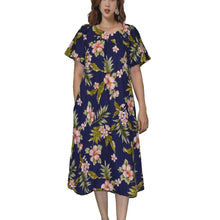 Load image into Gallery viewer, Navy Hawaiian muʻumuʻu dress with Coral Hibiscus print – made in Honolulu