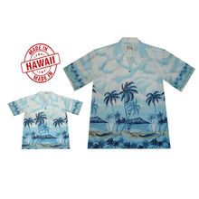 Load image into Gallery viewer, Matching father and son Hawaiian shirts with Diamond Head Shoreline scenic print by KY’S®, handmade in Hawaii