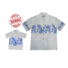 Load image into Gallery viewer, Matching father and son Hawaiian border shirts with Vintage Hibiscus print in premium cotton, made in Hawaii