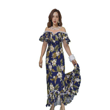 Load image into Gallery viewer, Woman wearing a handmade Hawaiian muumuu dress in navy with yellow hibiscus floral print, featuring elastic off-shoulder ruffled neckline, sweetheart front and back, and fishtail hem – an authentic long Hawaiian dress made in Hawaii from 100% cotton.