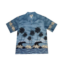 Load image into Gallery viewer, Palm Tree Silhoutte Border Hawaiian Blue Shirt