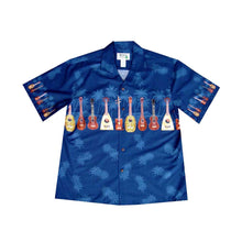 Load image into Gallery viewer, Close-up of exclusive Ukulele border print on handmade KY’S® Hawaiian shirt