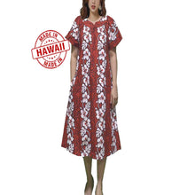Load image into Gallery viewer, A plus-size model wearing a red and white floral Muumuu dress with short sleeves and a sweetheart neckline.