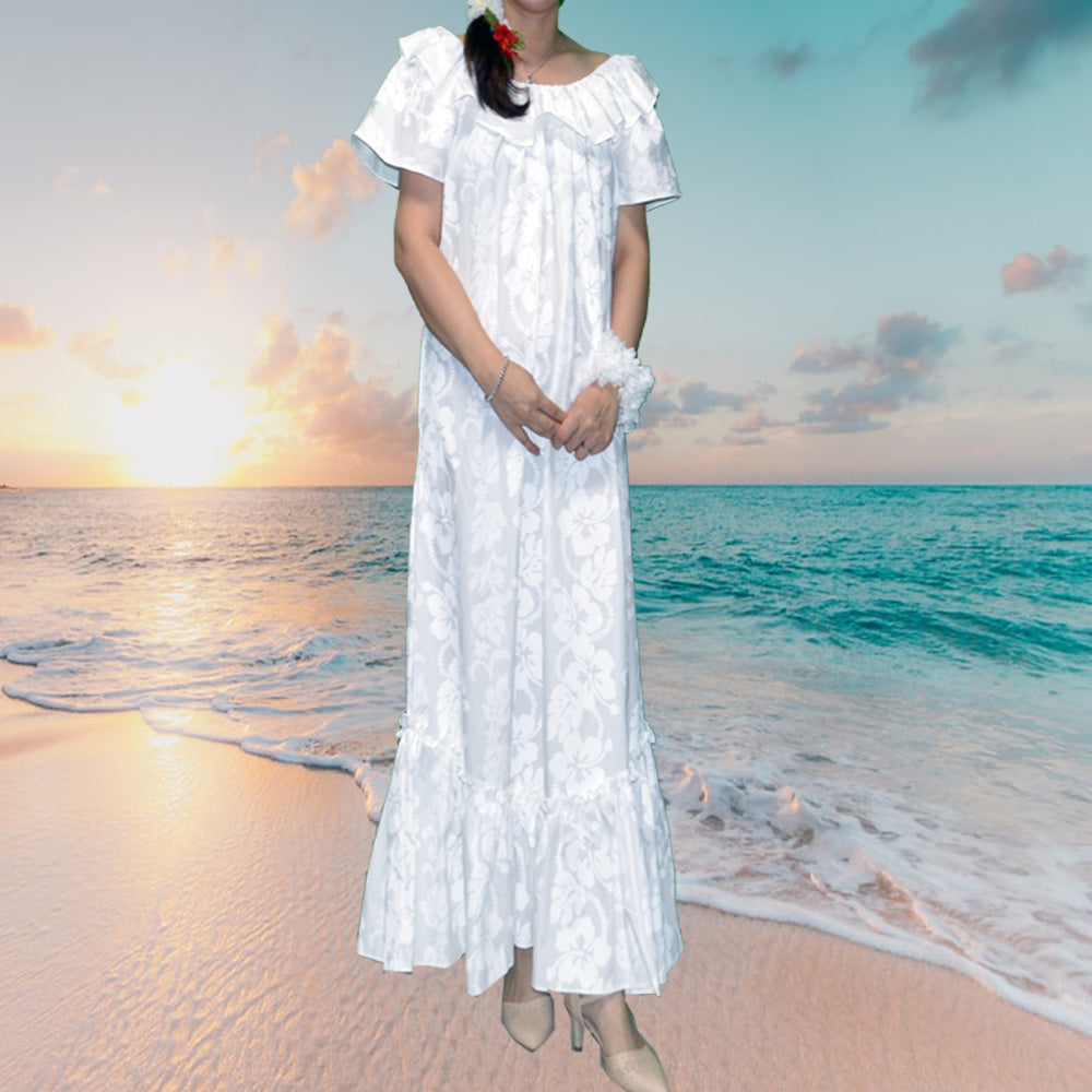 White Hibiscus Panel Long Muumuu Dress 100% Cotton, Handmade in Hawaii Red / M White Hibiscus Panel Long Muumuu Dress 100% Cotton, Handmade in Hawaii Red / M