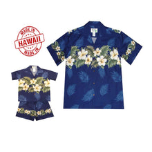 Load image into Gallery viewer, Father and son matching yellow hibiscus Hawaiian shirts on beach