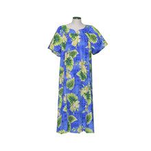 Load image into Gallery viewer, Blue Hawaiian muumuu dress for women with Ohana Orchid print – Honolulu made