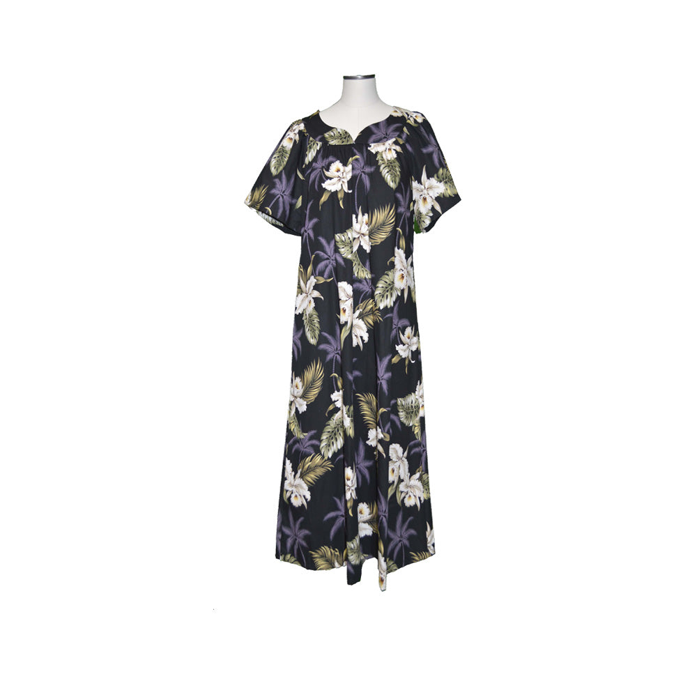 cotton muumuu dresses Black Hawaiian Muumuu Dress for Women – Orchid Print