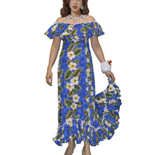 Load image into Gallery viewer, Woman wearing a handmade traditional muumuu dress in blue with yellow hibiscus floral print, featuring off-shoulder ruffled neckline, sweetheart front and back, and fishtail hem – an aloha maxi cotton Hawaiian dress made in Hawaii.