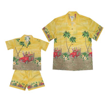 Load image into Gallery viewer, Father and son matching Woody Car Hawaiian shirts on beach