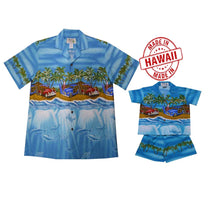 Load image into Gallery viewer, Father and son Woody Cars matching Hawaiian shirts on the beach