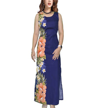 Load image into Gallery viewer, Woman wearing a long navy Hawaiian dress with coral hibiscus flowers, made in Hawaii