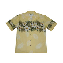 Load image into Gallery viewer, Close-up of matched buttons and chest pocket on yellow hibiscus shirt