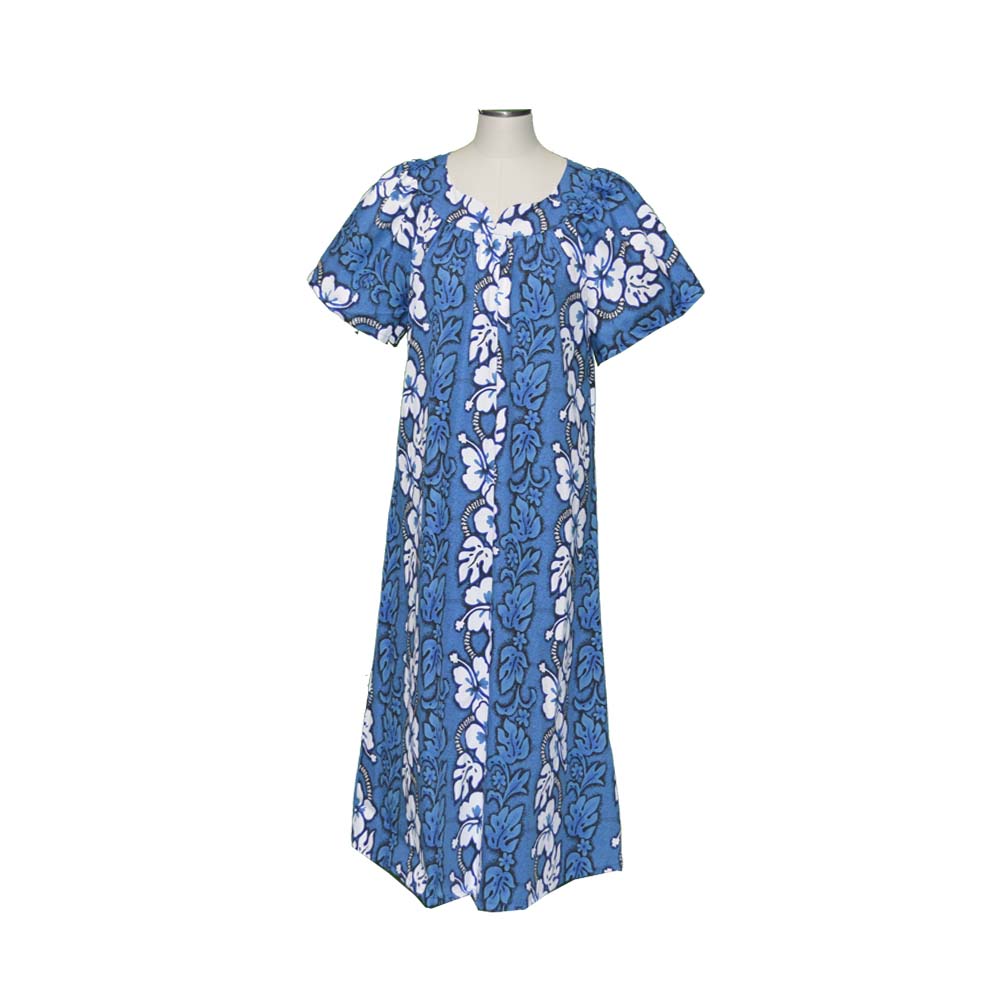Blue Hawaiian Muumuu Dress for Women – White Hibiscus Panel