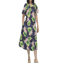 Load image into Gallery viewer, Black Hawaiian muumuu dress for women with Ohana Orchid print – Honolulu made
