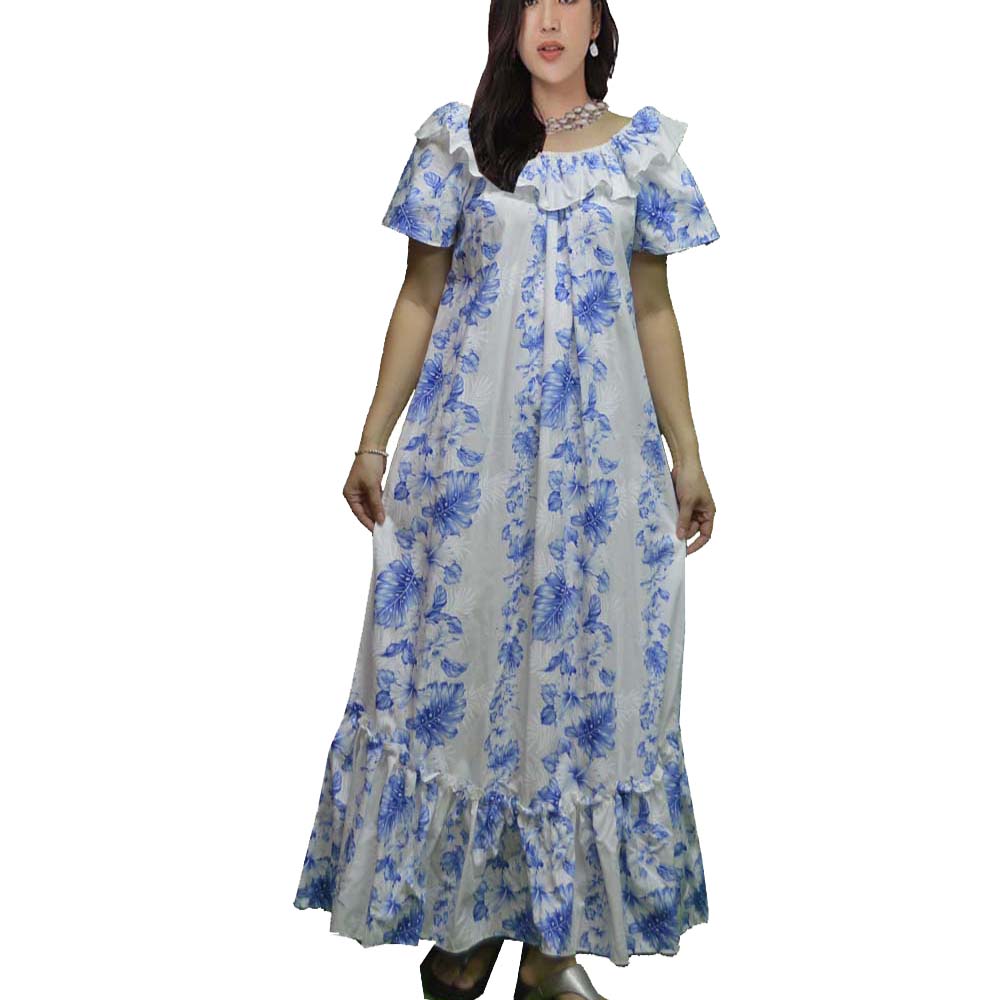 Blue Hibiscus Long Muumuu Dress Hawaiian Floral Aloha Luau Dress White/Blue / XL Blue Hibiscus Long Muumuu Dress Hawaiian Floral Aloha Luau Dress White/Blue / XL