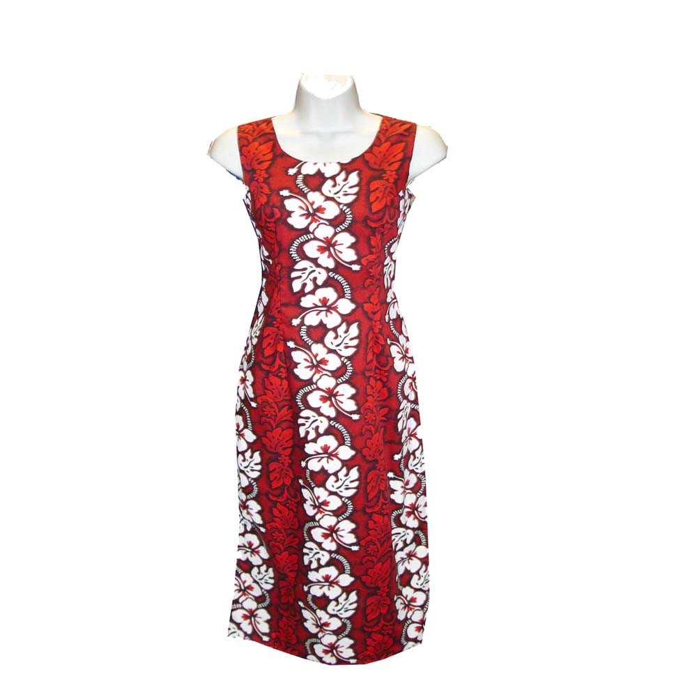 Hawaiian Dress Hibiscus Leis Bias Knee Length Red / L