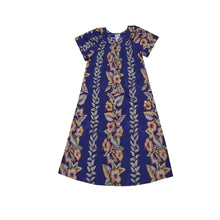 Load image into Gallery viewer, Lei of Hibiscus floral design in navy color Hawaiian dress