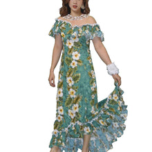 Load image into Gallery viewer, Woman wearing a handmade traditional muumuu dress with yellow hibiscus floral print on green background, featuring off-shoulder ruffle neckline, sweetheart front and back, and fishtail hem – a cotton Hawaiian dress perfect for hula dancers or beach weddings in Hawaii.
