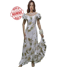 Load image into Gallery viewer, White orchid Hawaiian muumuu dance dress long ruffle made in Hawaii