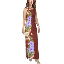 Load image into Gallery viewer, Sleeveless wine red maxi Hawaiian dress with purple hibiscus print, side slits, and back zipper – handmade 100% cotton sundress