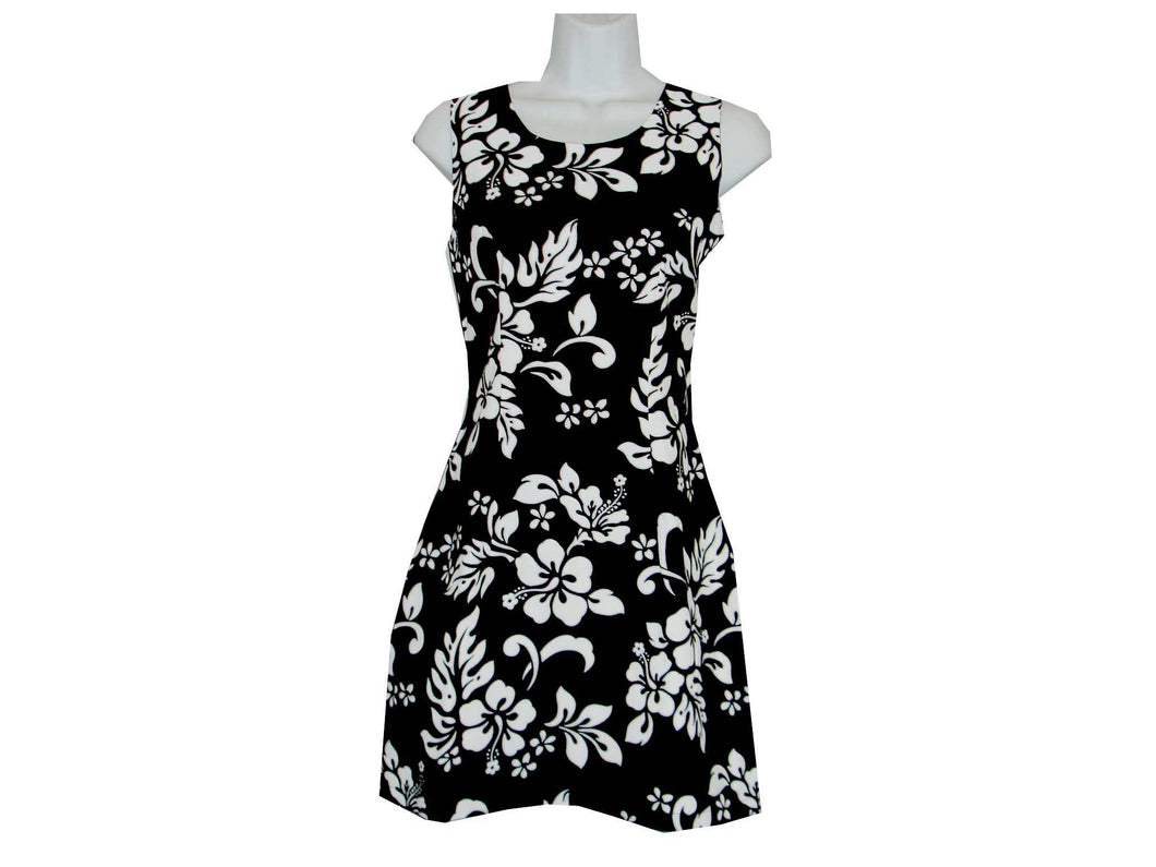 Black dress with white floral pattern on a mannequin against a white background