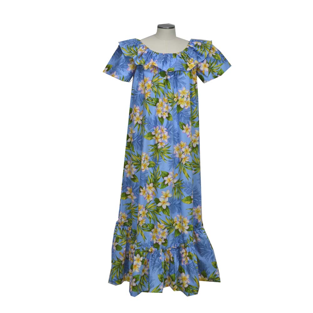 Plumeria Dream Long Muumuu Dress Made in Hawaii USA Blue / 3XL